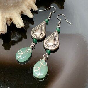 Green Aventurine Gemstone Beads Dangle Drop Handmade Pierced Earrings LR131